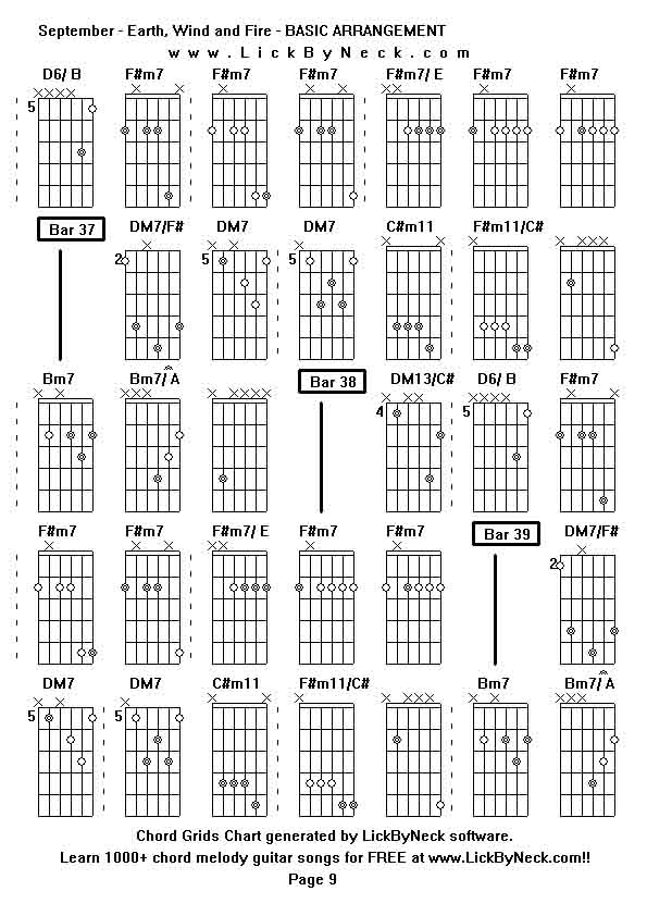 Chord Grids Chart of chord melody fingerstyle guitar song-September - Earth, Wind and Fire - BASIC ARRANGEMENT,generated by LickByNeck software.